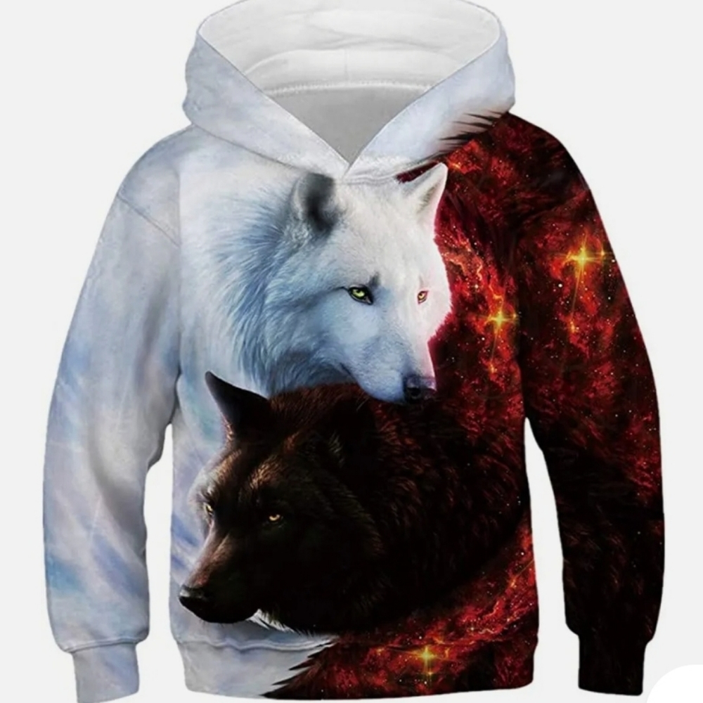 Kids Realistic White & Black Wolf Galaxy Graphic Pullover Hoodie Boys/Girls sz L